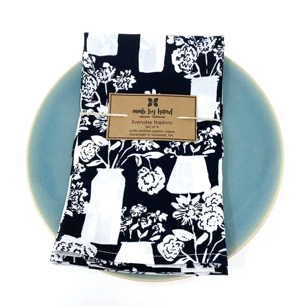 Organic Napkins - Set of 4 Black and White Bouquet