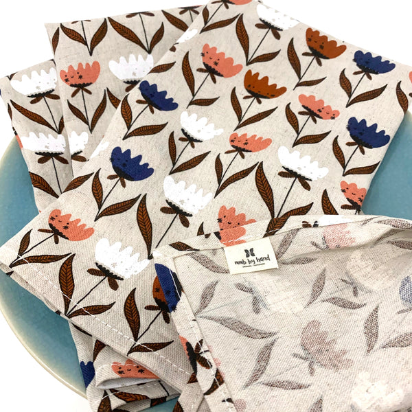 Organic Linen Cotton Blend Napkins - Set of 4 Flower Friends