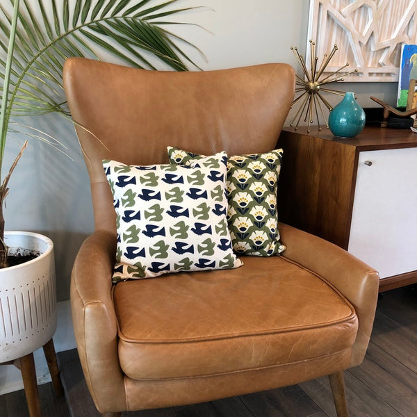 Throw Pillow Cover Barkcloth Olive & Navy On the Fly
