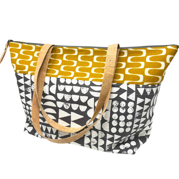 Large Tote, Organic Cotton Mustard & Gray