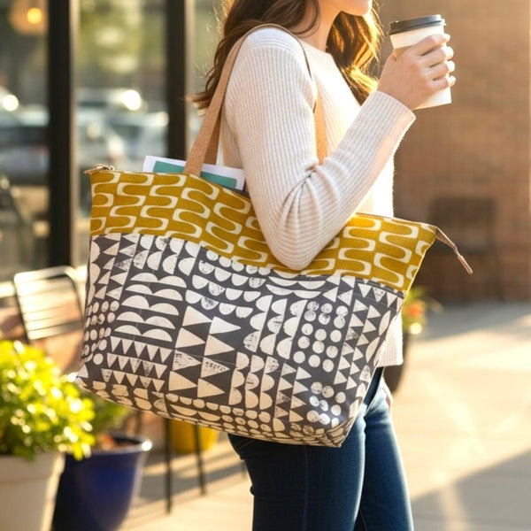 Large Tote, Organic Cotton Mustard & Gray