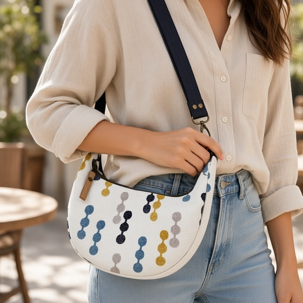 mmb by hand crescent crossbody bag in white with navy, mustard, and grey geometric pattern and navy adjustable strap.
