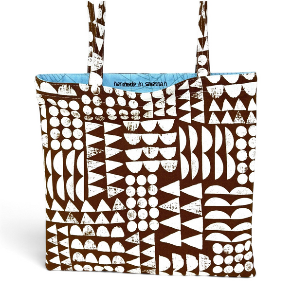 mmb by hand organic cotton tote bag with brown and white geometric pattern and handmade in savannah interior print