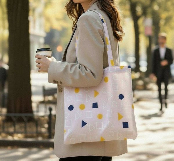 mmb by hand organic cotton tote bag with geometric shapes in pink, yellow, and blue, worn over the shoulder.