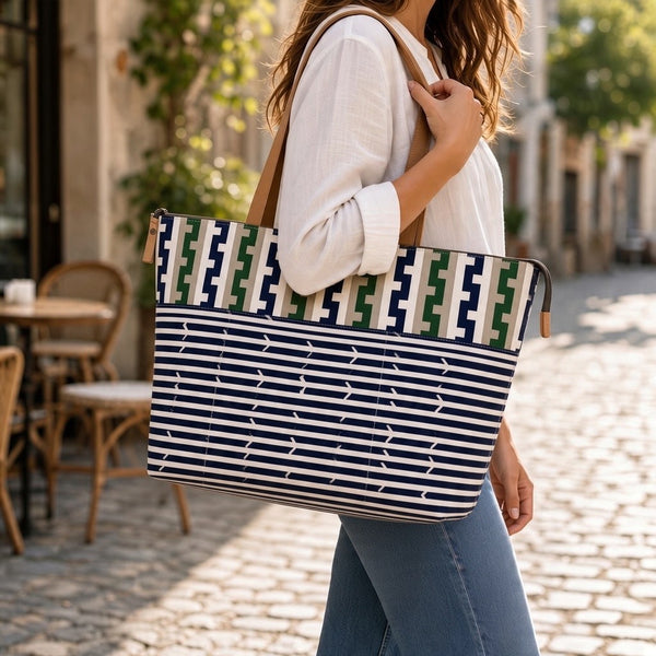 Large Tote, Organic Cotton Navy & Green